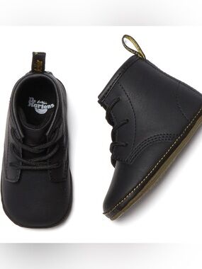 Dr. Martens Kids Black Leather Ankle Boots with Yellow Stitching Tab